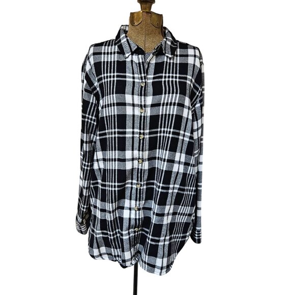 JACHS Girlfriend Shirt Plaid Flannel Black White Womens Size L Long Sleeve Butto - Picture 1 of 9
